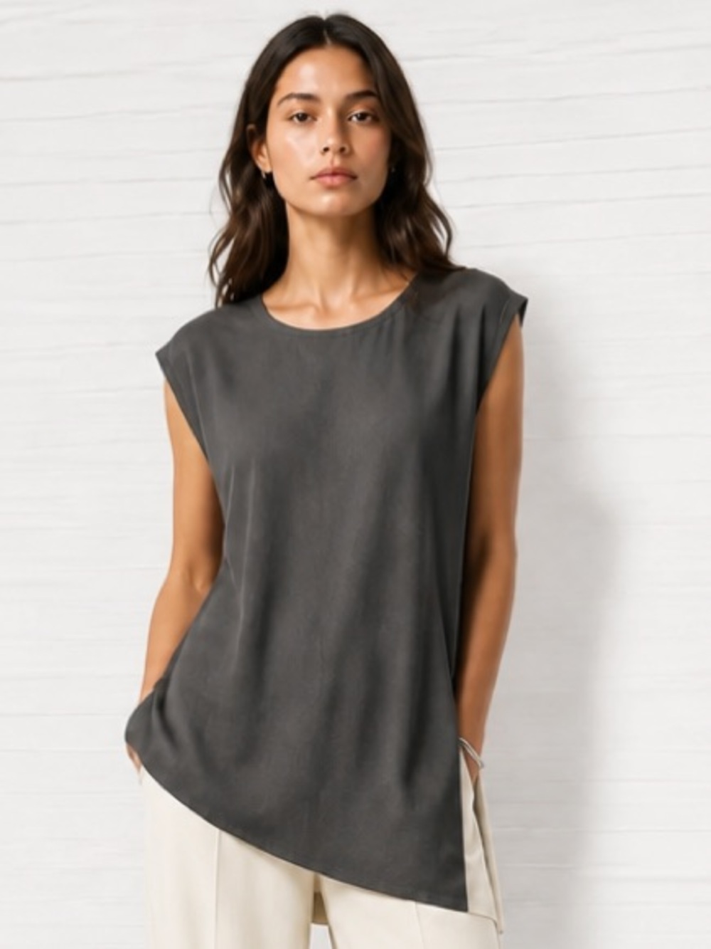 EILEEN FISHER 100% Silk Tunic Top Blouse Asymmetrical Cap Sleeves Brown Gray XS